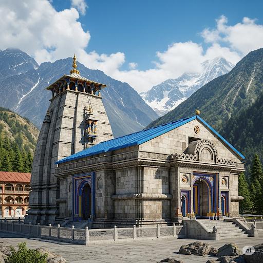 "Kedarnath Temple nestled in the Himalayas, a stone structure with a blue roof, surrounded by snow-capped mountains and green trees under a clear sky."