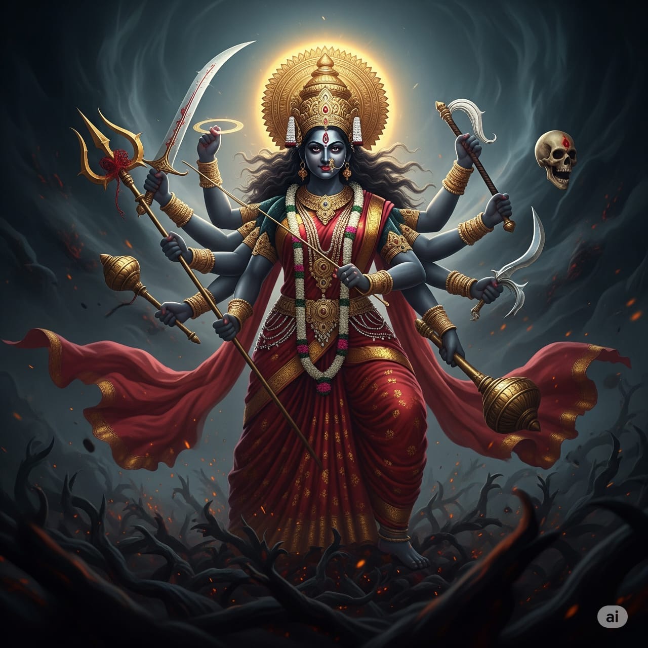 देवी महाकाली का दिव्य चित्रण, जो कामाख्या शक्तिपीठ और तांत्रिक साधनाओं के महत्व को दर्शाता है।"