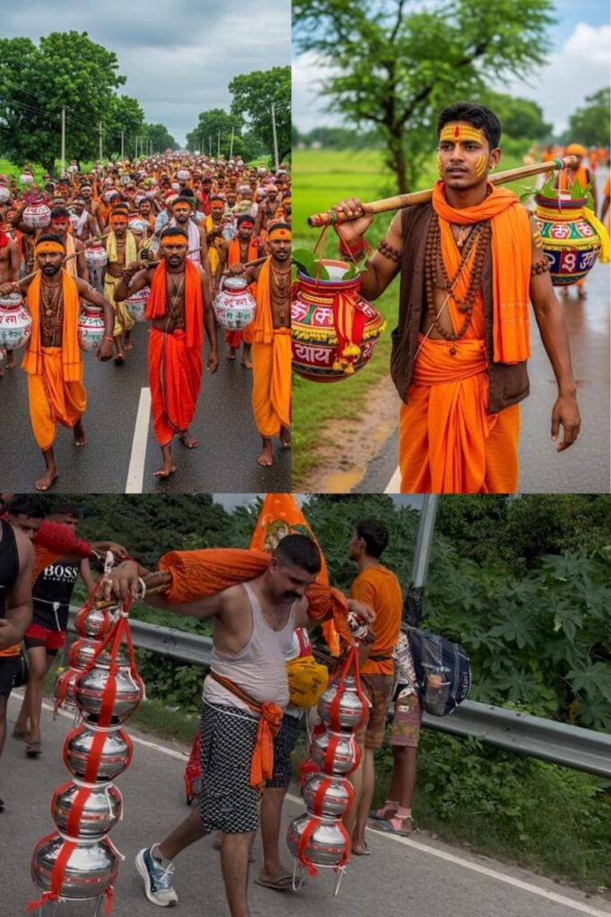 कांवड़ यात्रा में केसरिया वस्त्र पहने शिव भक्त गंगाजल लिए हुए, सावन मास की हरियाली में, विभिन्न प्रकार की कांवड़ों (पारंपरिक और भारी जल पात्र) के साथ पैदल चलते हुए। यह चित्र कांवड़ यात्रा के अनसुने पहलुओं और भक्तों की दृढ़ आस्था को दर्शाता है।