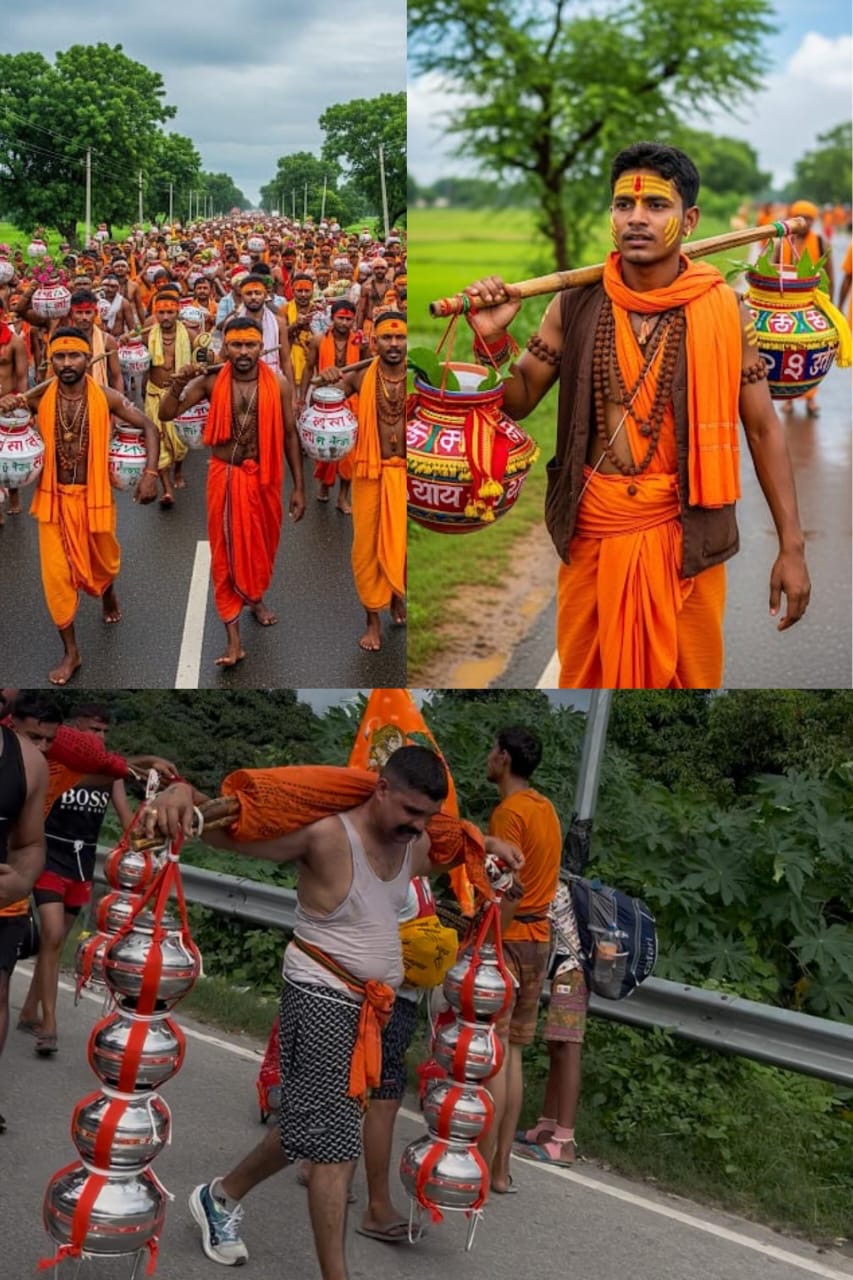 कांवड़ यात्रा में केसरिया वस्त्र पहने शिव भक्त गंगाजल लिए हुए, सावन मास की हरियाली में, विभिन्न प्रकार की कांवड़ों (पारंपरिक और भारी जल पात्र) के साथ पैदल चलते हुए। यह चित्र कांवड़ यात्रा के अनसुने पहलुओं और भक्तों की दृढ़ आस्था को दर्शाता है।