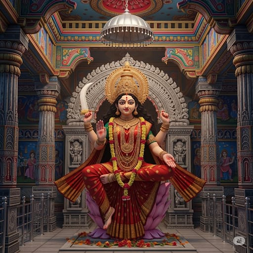 कलात्मक कामाख्या देवी की मूर्ति, लाल साड़ी में, तलवार और कमल पर बैठी, प्राचीन भारतीय मंदिर स्थापत्य के साथ।"