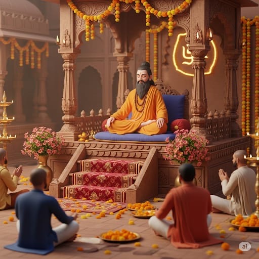 A detailed 3D render depicting a serene Guru Purnima scene with a spiritual guru in an orange robe meditating on a decorated wooden platform, while his devotees sit reverently in a traditional temple adorned with orange marigold flowers and glowing lamps."
