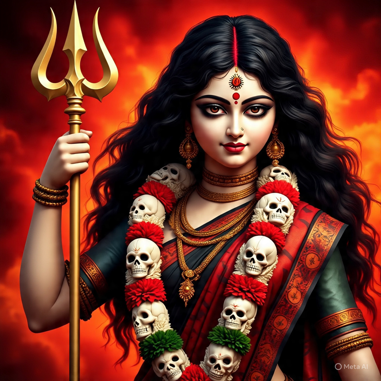 Divine Maa Kamakhya Devi with dark flowing hair, a trident, and skull garland, symbolizing power and protection