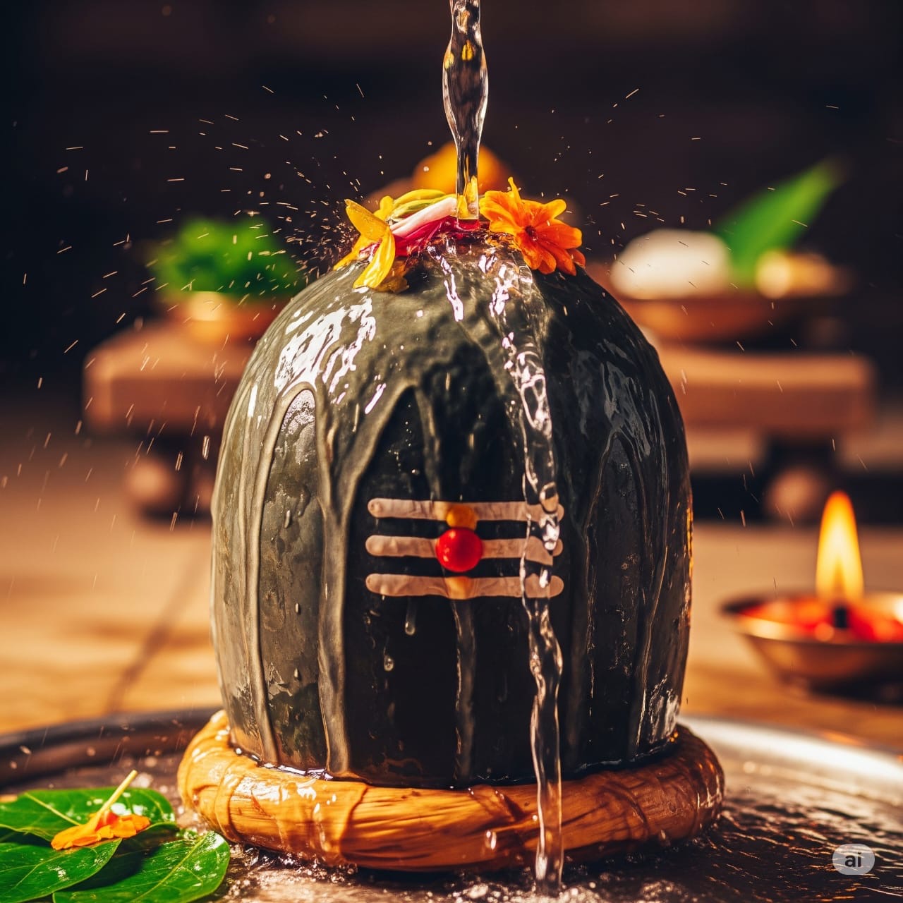 A dark, smooth Shiva Lingam being bathed with a stream of water, creating splashes, with a traditional tripundra mark and a red bindi visible on its surface.