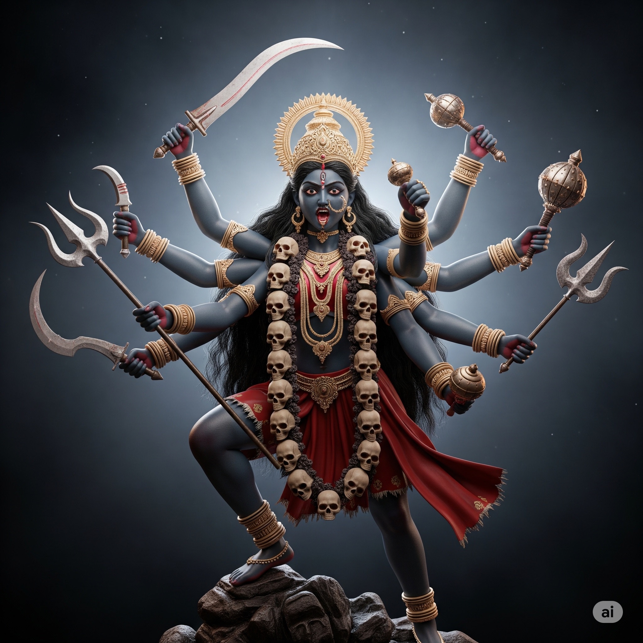 Powerful Goddess Kali, a form associated with Kamakhya Tantra, depicted with ten arms, skull garland, and traditional weapons, symbolizing spiritual power and transformation.