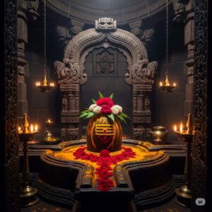 एक प्राचीन भारतीय मंदिर के गर्भगृह में स्थापित शिवलिंग की मनोरम तस्वीर। शिवलिंग को लाल और सफेद फूलों, पीले कुमकुम और लाल गुलाल से सजाया गया है। आसपास पारंपरिक पीतल के दीपक जल रहे हैं, जो एक शांत और आध्यात्मिक वातावरण बना रहे हैं। यह छवि शिवलिंग के आध्यात्मिक, वैज्ञानिक और दार्शनिक महत्व को उजागर करती है।"