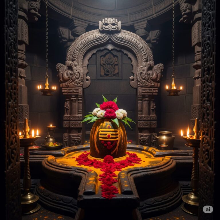 एक प्राचीन भारतीय मंदिर के गर्भगृह में स्थापित शिवलिंग की मनोरम तस्वीर। शिवलिंग को लाल और सफेद फूलों, पीले कुमकुम और लाल गुलाल से सजाया गया है। आसपास पारंपरिक पीतल के दीपक जल रहे हैं, जो एक शांत और आध्यात्मिक वातावरण बना रहे हैं। यह छवि शिवलिंग के आध्यात्मिक, वैज्ञानिक और दार्शनिक महत्व को उजागर करती है।"