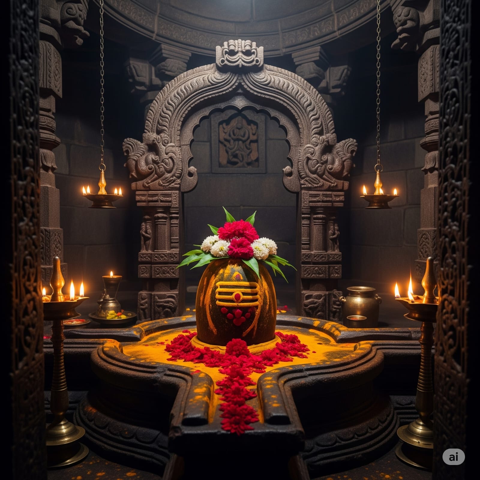 एक प्राचीन भारतीय मंदिर के गर्भगृह में स्थापित शिवलिंग की मनोरम तस्वीर। शिवलिंग को लाल और सफेद फूलों, पीले कुमकुम और लाल गुलाल से सजाया गया है। आसपास पारंपरिक पीतल के दीपक जल रहे हैं, जो एक शांत और आध्यात्मिक वातावरण बना रहे हैं। यह छवि शिवलिंग के आध्यात्मिक, वैज्ञानिक और दार्शनिक महत्व को उजागर करती है।"