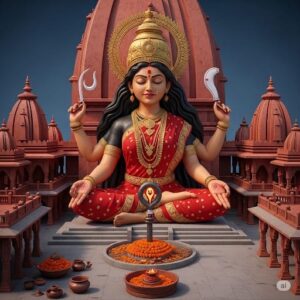 Divine idol in a sacred temple setting, featuring traditional Assamese design and spiritual ambiance.
