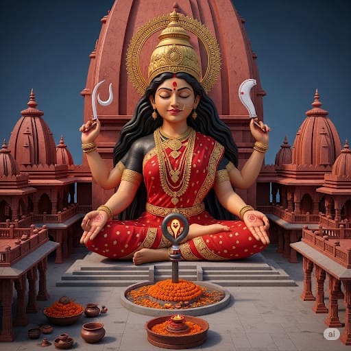 Divine idol in a sacred temple setting, featuring traditional Assamese design and spiritual ambiance.