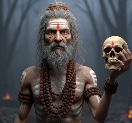 A realistic 3D render depicting an Aghori Sadhu with a long beard, matted hair, and ash markings on his body, holding a human skull, set in an eerie forest with distant fires."