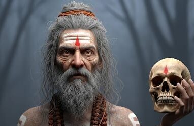 A realistic 3D render depicting an Aghori Sadhu with a long beard, matted hair, and ash markings on his body, holding a human skull, set in an eerie forest with distant fires."