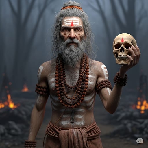 A realistic 3D render depicting an Aghori Sadhu with a long beard, matted hair, and ash markings on his body, holding a human skull, set in an eerie forest with distant fires."