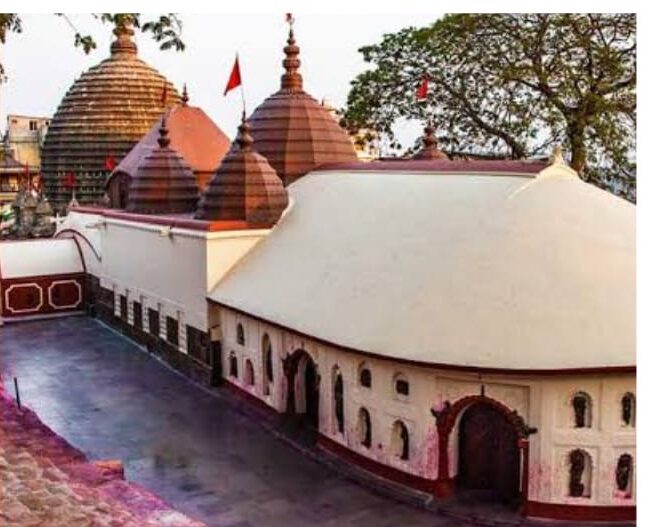 A four-panel collage depicting elements related to the Kamakhya Temple and the goddess Kamakhya. The top-left shows an ancient, red-painted stone sculpture of a squatting figure. The top-right is an aerial view of the Kamakhya Temple complex with its distinctive red domes. The bottom-left features a close-up of the natural rock formation resembling a yoni, which is the temple's main object of worship. The bottom-right is an illustration of a fierce multi-armed Hindu goddess, possibly Kali or Kamakhya, with a fiery halo and weapons.