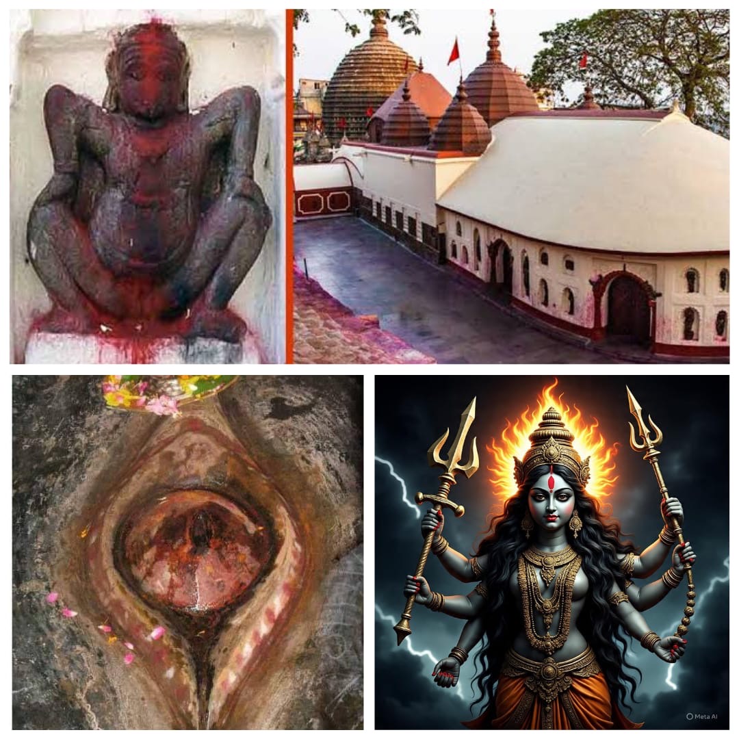 A four-panel collage depicting elements related to the Kamakhya Temple and the goddess Kamakhya. The top-left shows an ancient, red-painted stone sculpture of a squatting figure. The top-right is an aerial view of the Kamakhya Temple complex with its distinctive red domes. The bottom-left features a close-up of the natural rock formation resembling a yoni, which is the temple's main object of worship. The bottom-right is an illustration of a fierce multi-armed Hindu goddess, possibly Kali or Kamakhya, with a fiery halo and weapons.