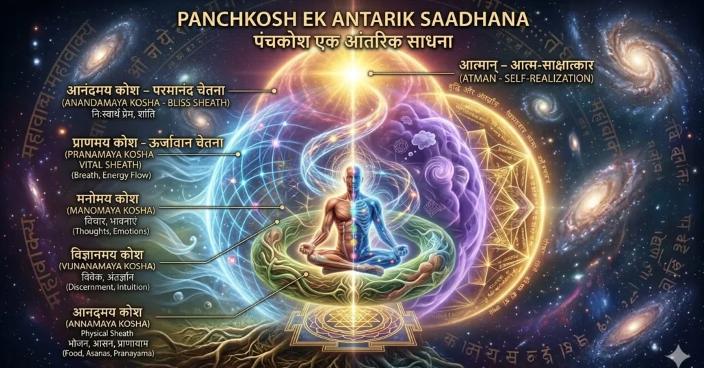 Diagram of Panchakosha five sheaths meditation with Annamaya to Anandamaya kosha layers for spiritual self-realization.