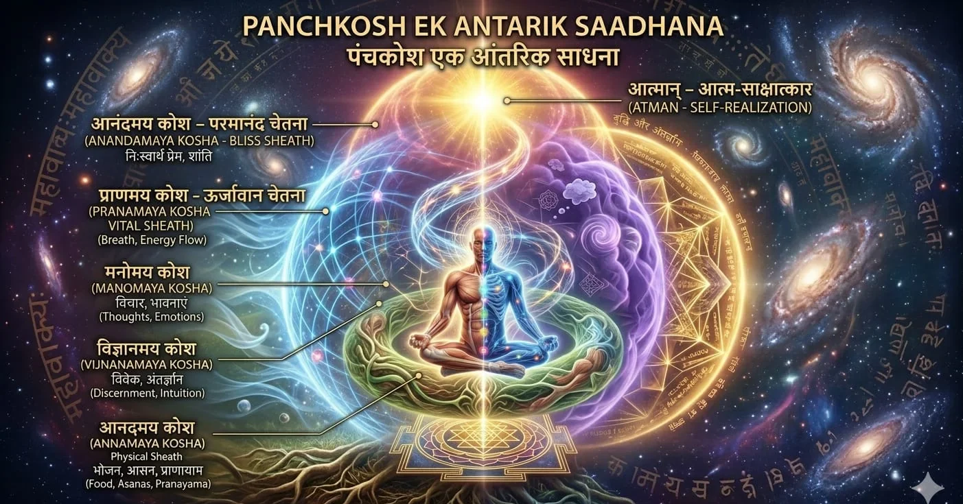 Diagram of Panchakosha five sheaths meditation with Annamaya to Anandamaya kosha layers for spiritual self-realization.