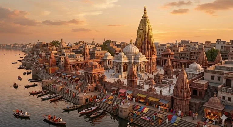 Golden spire of Kashi Vishwanath Temple overlooking boats on Varanasi Ganga ghats at sunset