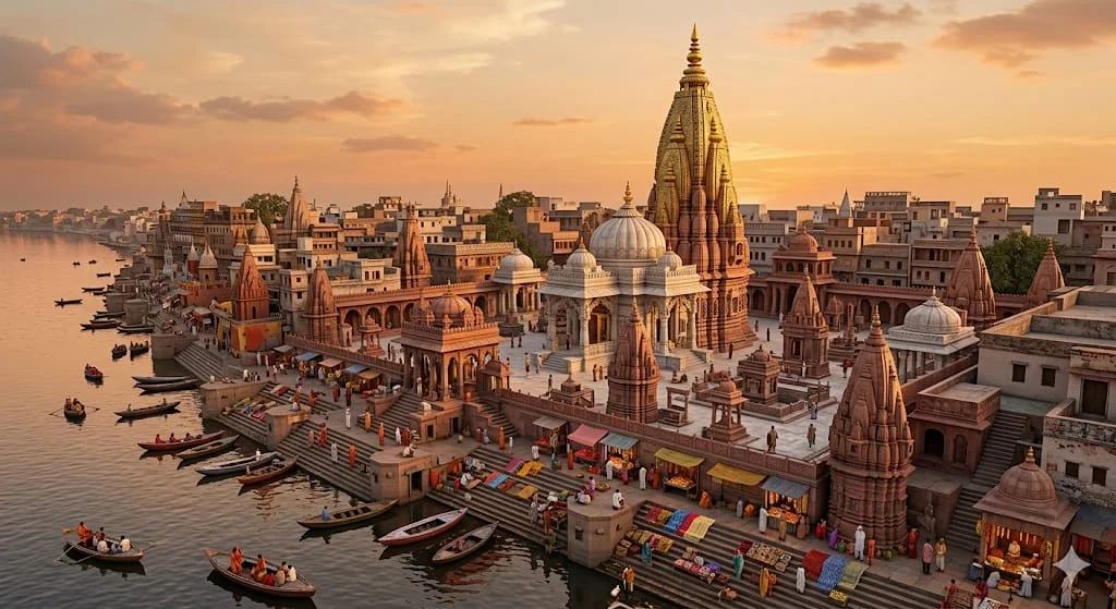 Golden spire of Kashi Vishwanath Temple overlooking boats on Varanasi Ganga ghats at sunset
