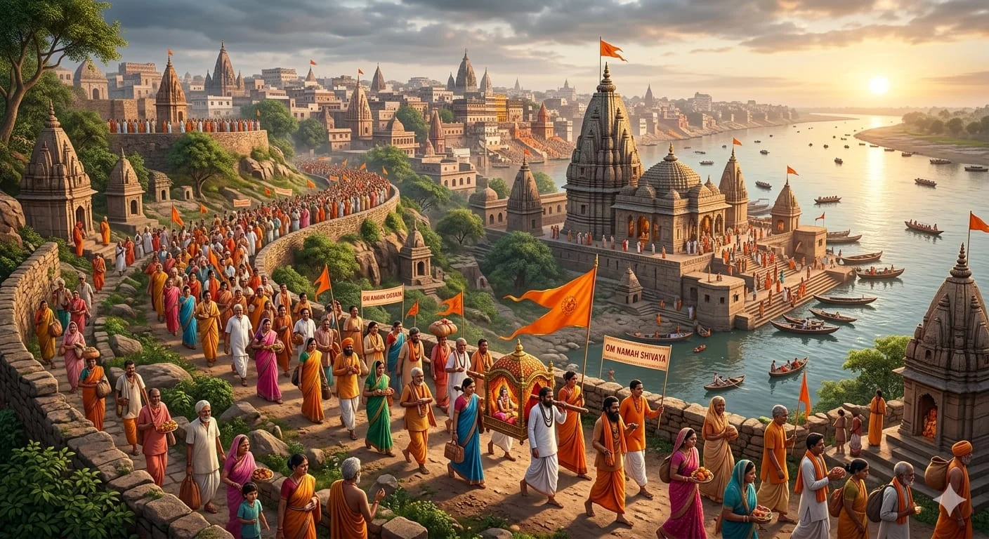 Pilgrims on the Panchkoshi Yatra parikrama route walking past ancient Shiva temples along the Ganges River in Varanasi.