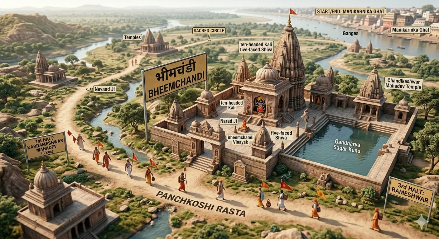 Illustrated map of Bheemchandi temple stop on the Panchkoshi Yatra pilgrimage route in Varanasi.