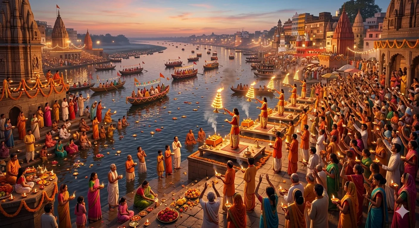 Varanasi Ganga Aarti on Ganga Dussehra festival at Banaras Ghat with diyas and crowds.