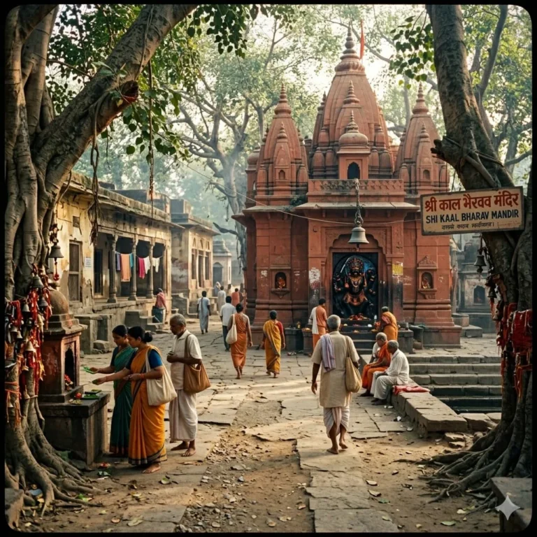 Pilgrims walking toward the historic Shri Kaal Bhairav Mandir temple courtyard in Varanasi.