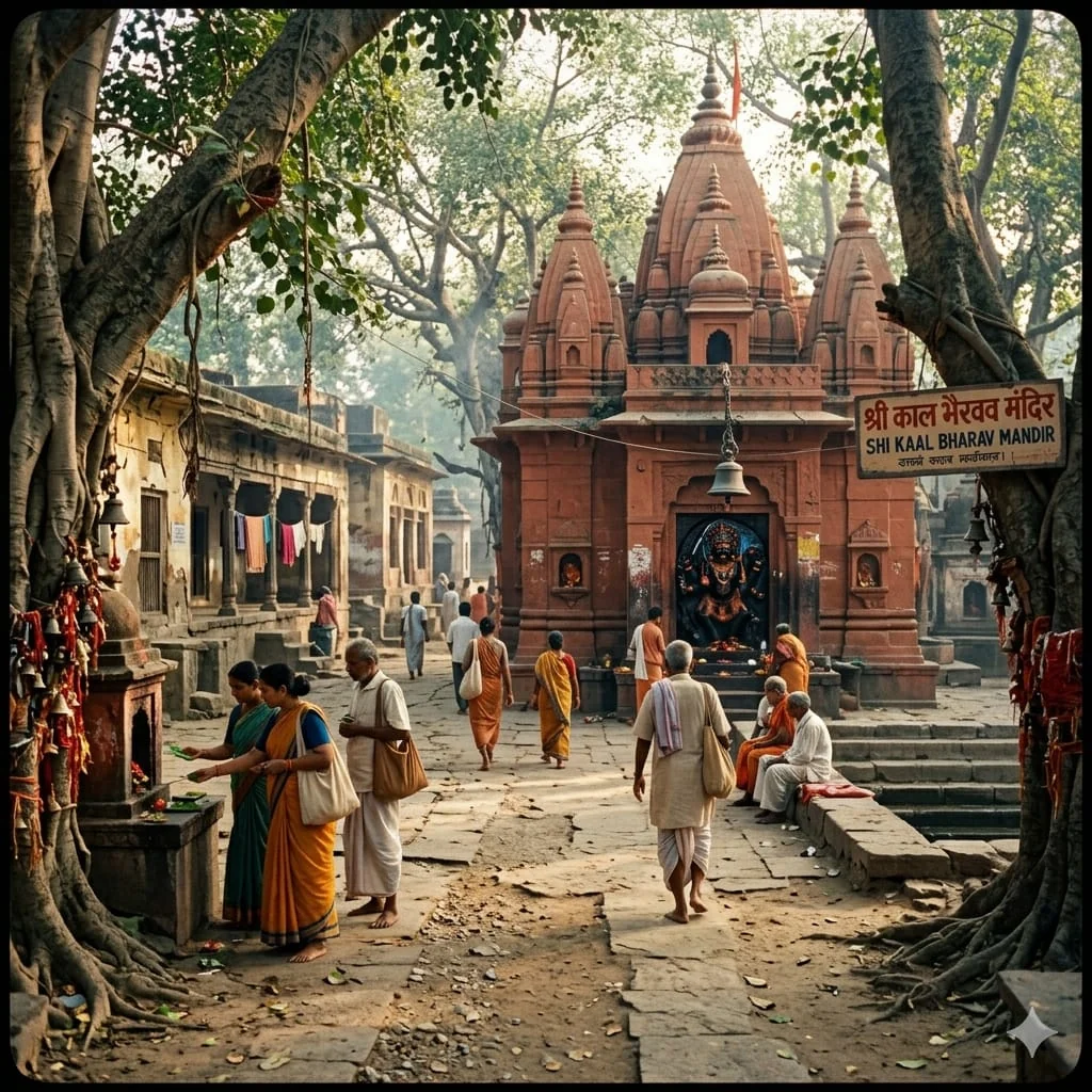 Pilgrims walking toward the historic Shri Kaal Bhairav Mandir temple courtyard in Varanasi.