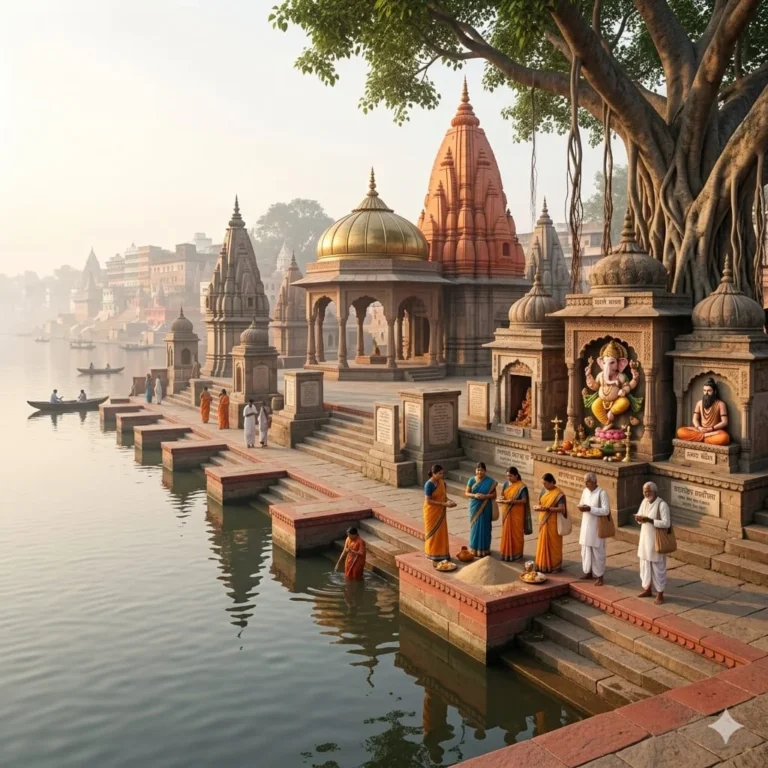 Pilgrims offering prayers at Kapildhara Vinayak temple ghat during the Panchkoshi Yatra in Varanasi.
