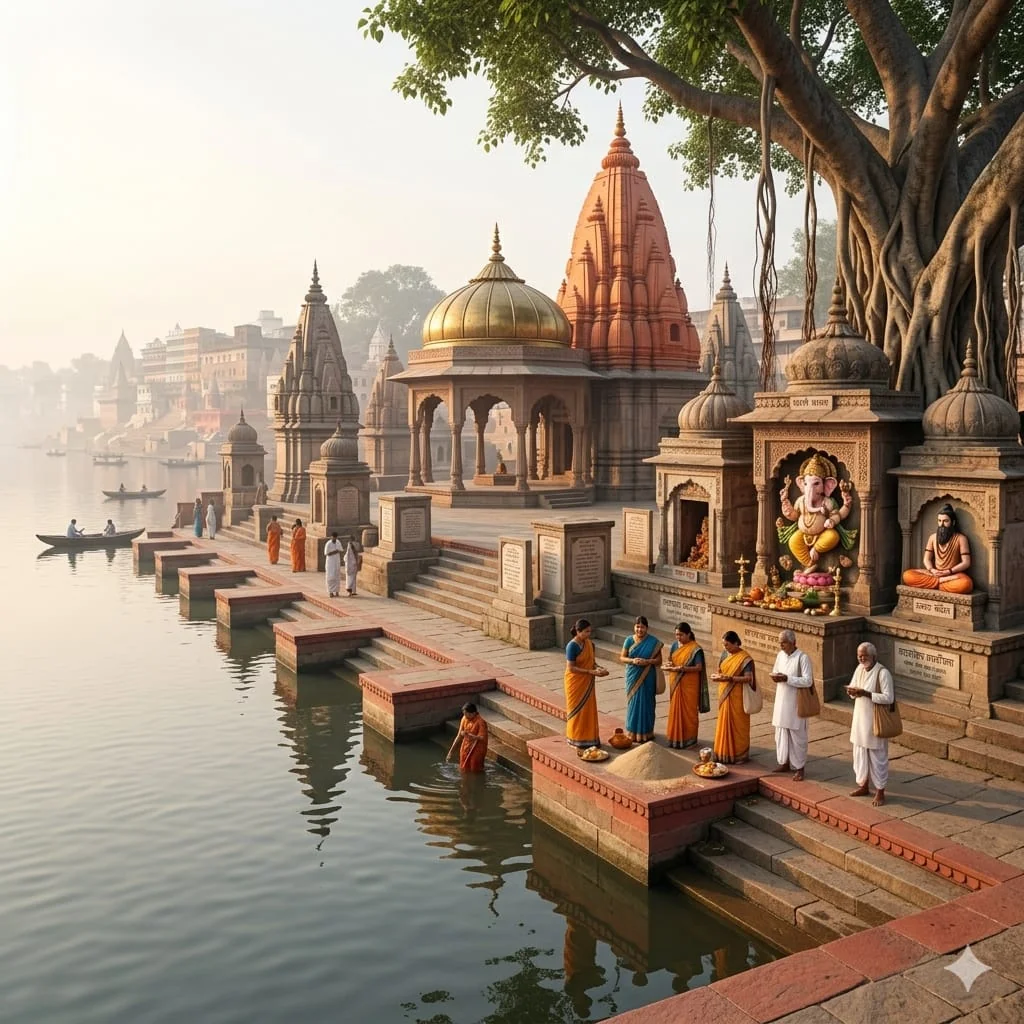 Pilgrims offering prayers at Kapildhara Vinayak temple ghat during the Panchkoshi Yatra in Varanasi.