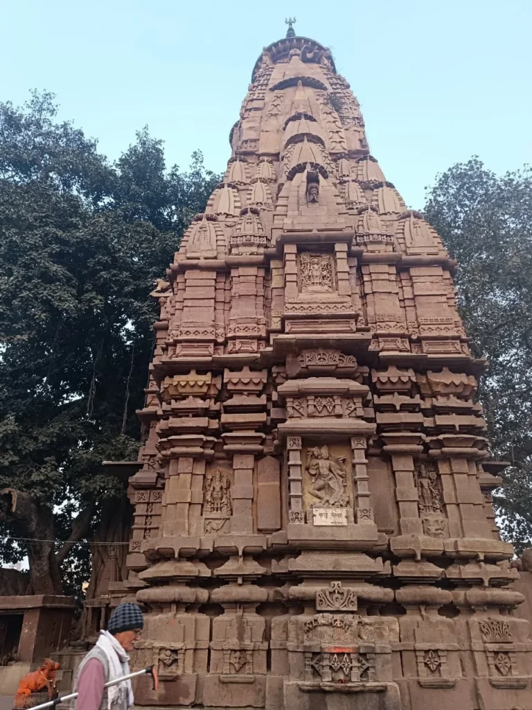 The historic stone spire of Kardameshwar Mahadev Temple, the first night stop on the Panchkoshi Yatra in Varanasi.