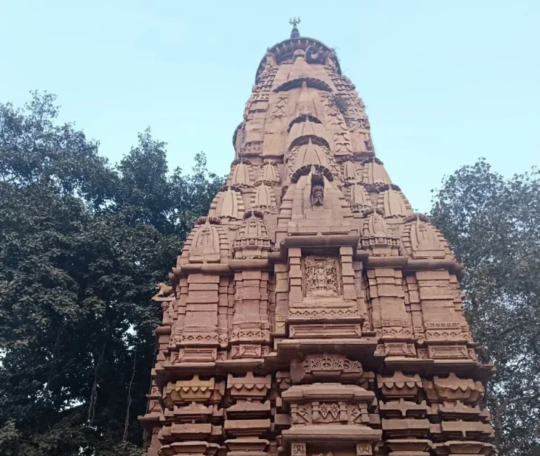The historic stone spire of Kardameshwar Mahadev Temple, the first night stop on the Panchkoshi Yatra in Varanasi.