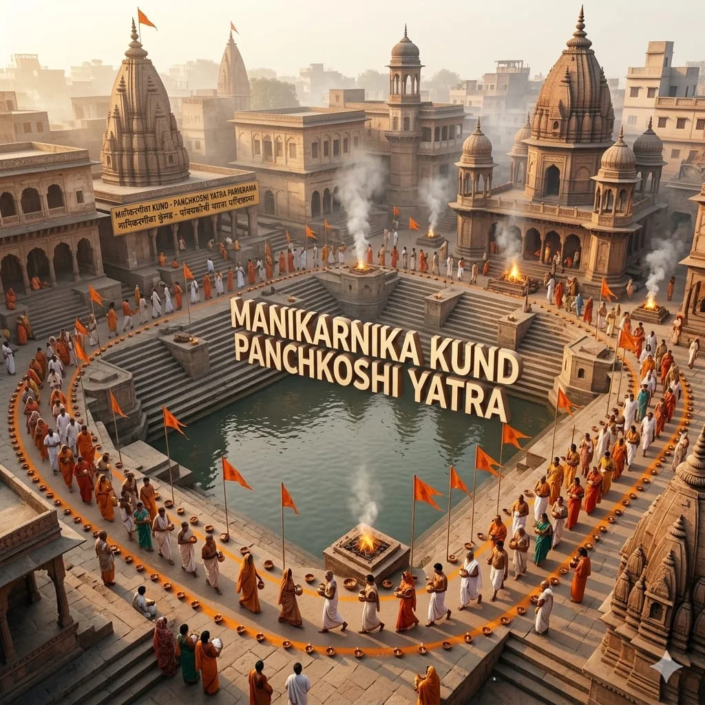 Pilgrims circumambulating the sacred Manikarnika Kund during the Panchkoshi Yatra pilgrimage in Varanasi.