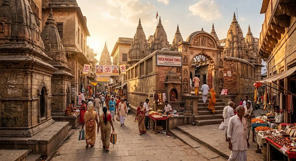 Pilgrims walking along the narrow street past the Panch Pandava Temple on the Panchkoshi route in Varanasi.
