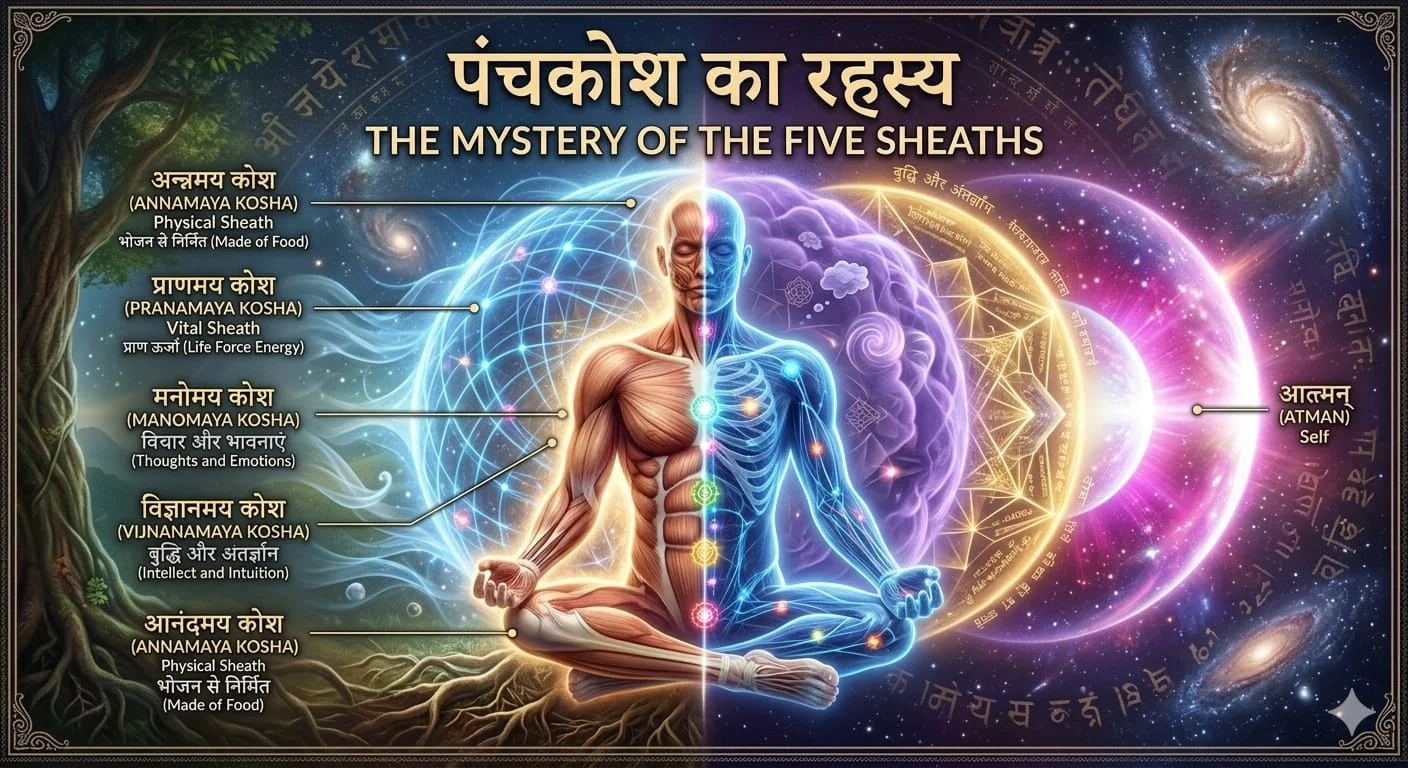 Panchakosha diagram explaining the five koshas and Atman in yogic spirituality and meditation