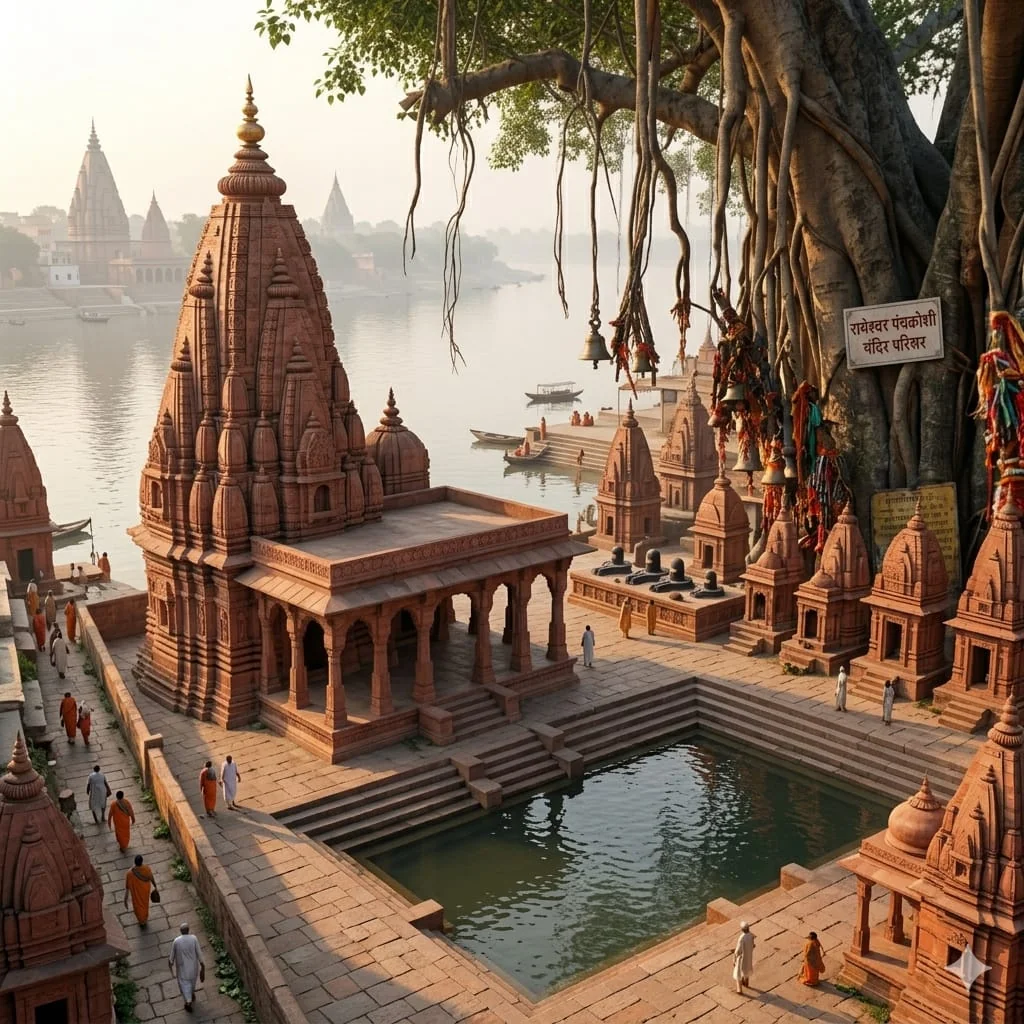 Rameshwar Mahadev Temple complex with pilgrims, sacred water tank, and a banyan tree along the Ganges in Varanasi.